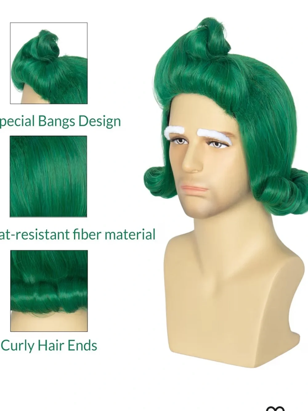 NWT Oompa Loompa Emerald Green Costume Wig with White Eyebrows